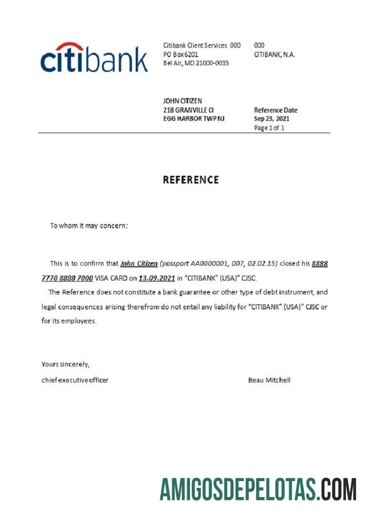 Referência de fechamento do Citibank nos EUA modelo